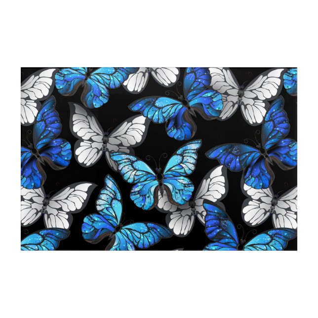 Dark Seamless Pattern with Blue Butterflies Morpho Acrylic Print (Front)