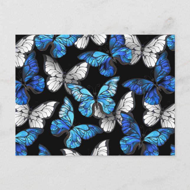 Dark Seamless Pattern with Blue Butterflies Morpho Announcement Postcard (Front)