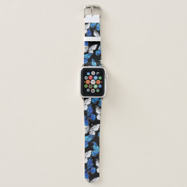Dark Seamless Pattern with Blue Butterflies Morpho Apple Watch Band (Front)