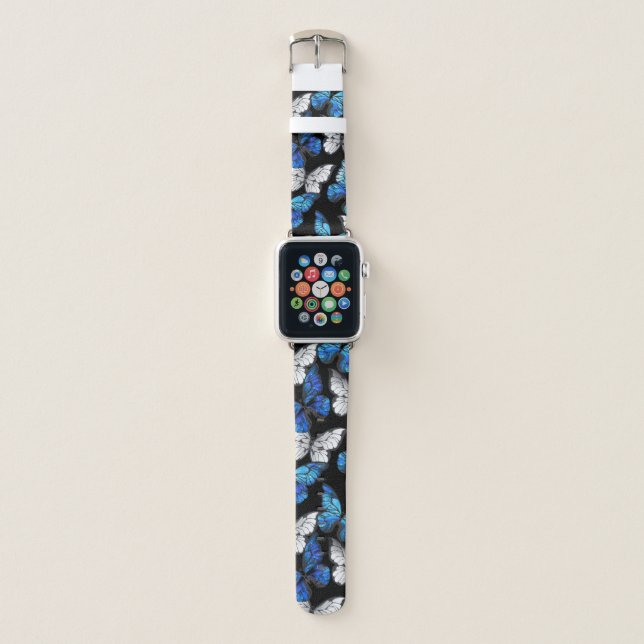 Dark Seamless Pattern with Blue Butterflies Morpho Apple Watch Band (Front)
