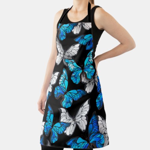 Dark Seamless Pattern with Blue Butterflies Morpho Apron