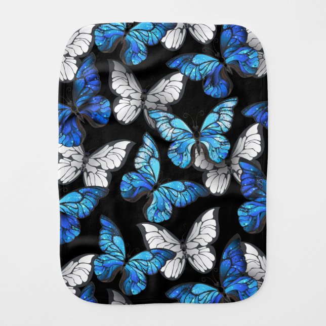 Dark Seamless Pattern with Blue Butterflies Morpho Baby Burp Cloth (Front)