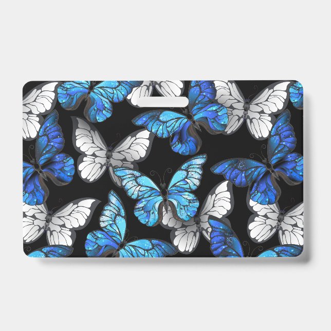 Dark Seamless Pattern with Blue Butterflies Morpho Badge (Front)