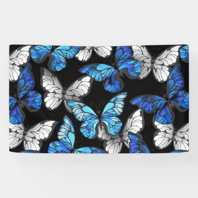 Dark Seamless Pattern with Blue Butterflies Morpho Banner (Horizontal)