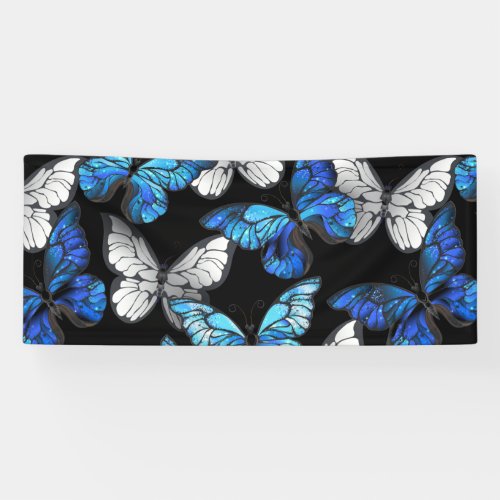 Dark Seamless Pattern with Blue Butterflies Morpho Banner