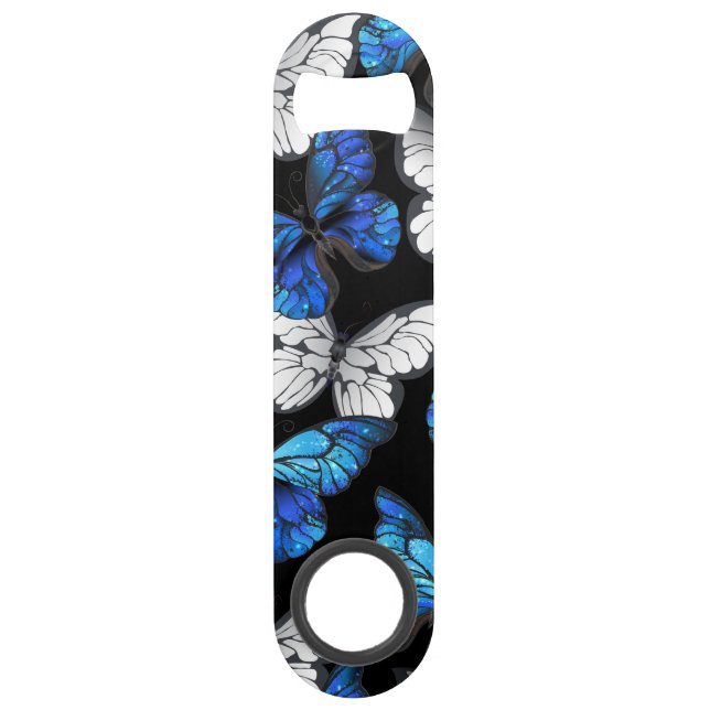 Dark Seamless Pattern with Blue Butterflies Morpho Bar Key (Front)