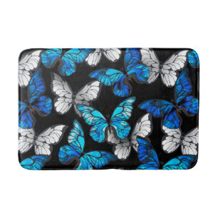 Dark Seamless Pattern with Blue Butterflies Morpho Bath Mat