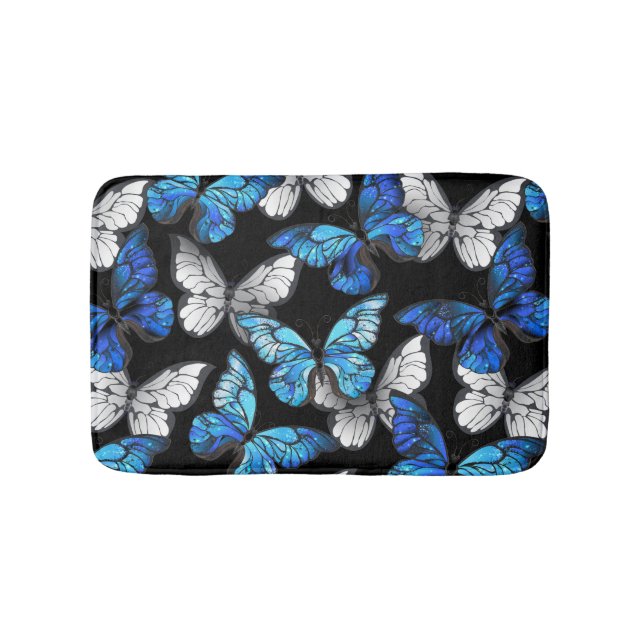 Dark Seamless Pattern with Blue Butterflies Morpho Bath Mat (Front)