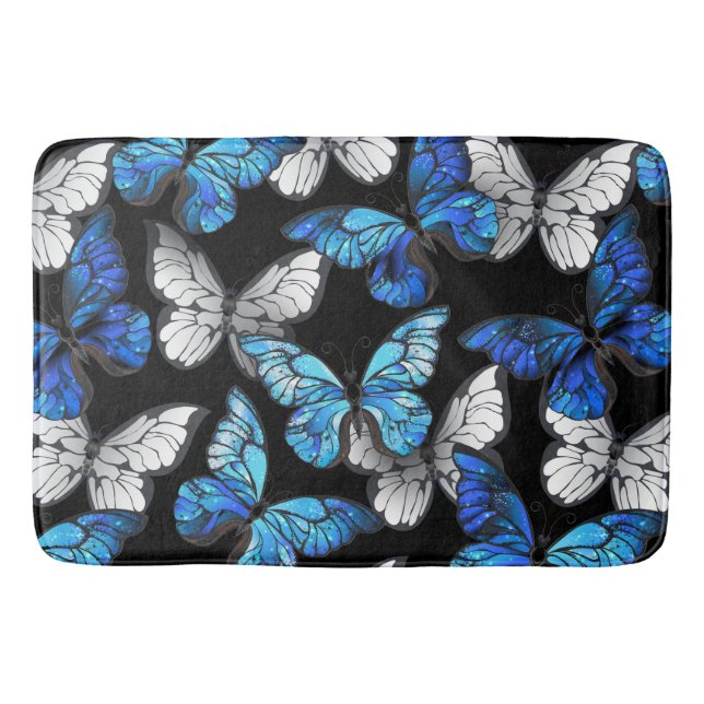 Dark Seamless Pattern with Blue Butterflies Morpho Bath Mat (Front)