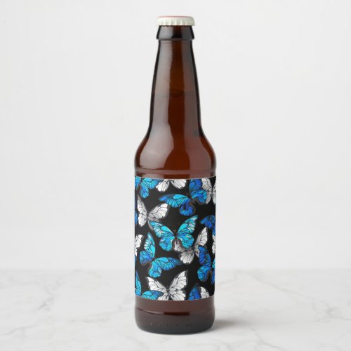 Dark Seamless Pattern with Blue Butterflies Morpho Beer Bottle Label