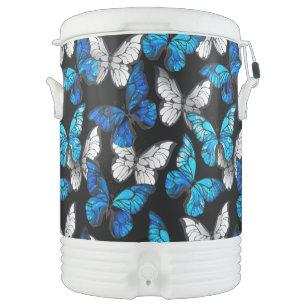 Dark Seamless Pattern with Blue Butterflies Morpho Beverage Cooler