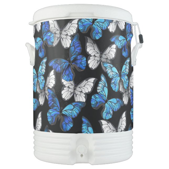 Dark Seamless Pattern with Blue Butterflies Morpho Beverage Cooler (Front)
