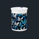 Dark Seamless Pattern with Blue Butterflies Morpho Beverage Pitcher<br><div class="desc">Realistic,  blue and white butterflies seamless pattern on black background.</div>