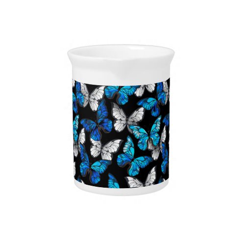 Dark Seamless Pattern with Blue Butterflies Morpho Beverage Pitcher