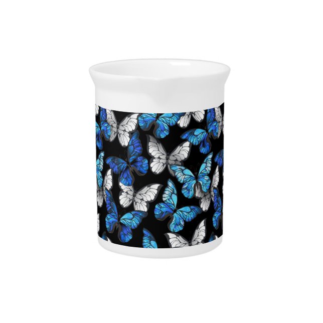 Dark Seamless Pattern with Blue Butterflies Morpho Beverage Pitcher (Front)
