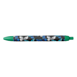 Dark Seamless Pattern with Blue Butterflies Morpho Black Ink Pen