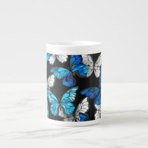 Dark Seamless Pattern with Blue Butterflies Morpho Bone China Mug