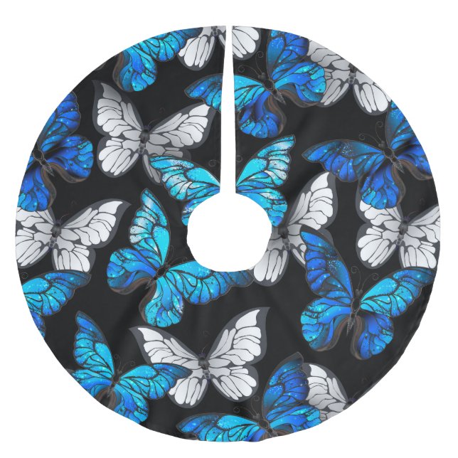 Dark Seamless Pattern with Blue Butterflies Morpho Brushed Polyester Tree Skirt (Front)