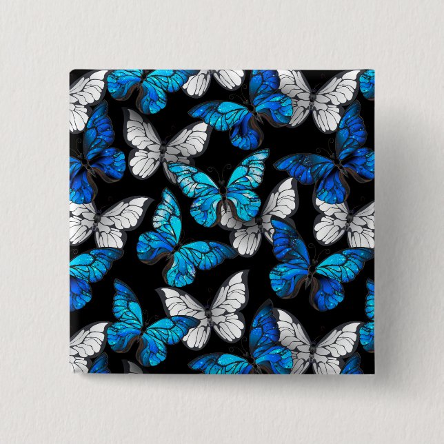 Dark Seamless Pattern with Blue Butterflies Morpho Button (Front)