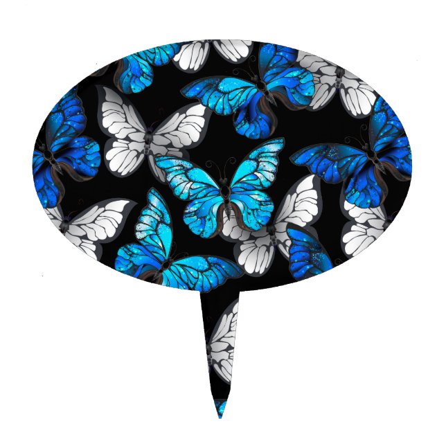 Dark Seamless Pattern with Blue Butterflies Morpho Cake Topper (Front)