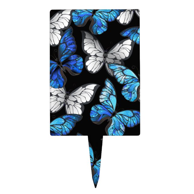 Dark Seamless Pattern with Blue Butterflies Morpho Cake Topper (Front)
