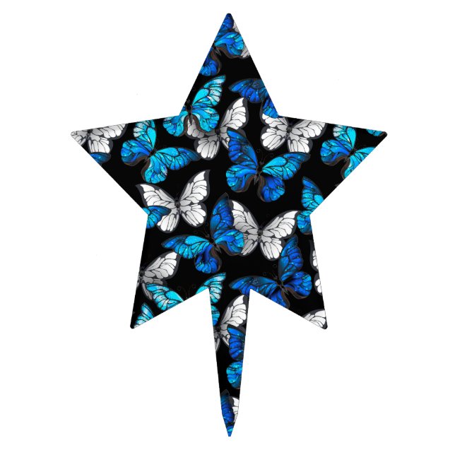 Dark Seamless Pattern with Blue Butterflies Morpho Cake Topper (Front)