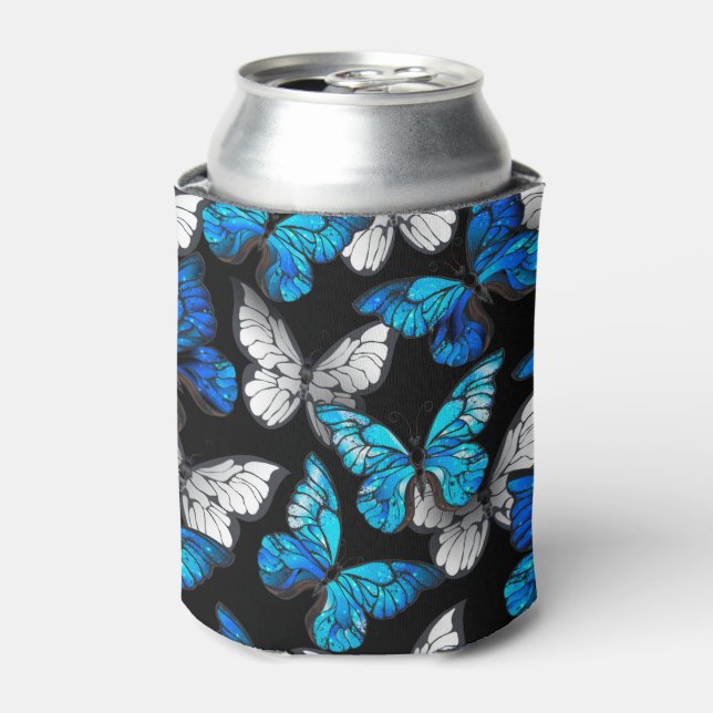 Dark Seamless Pattern with Blue Butterflies Morpho Can Cooler (Can Front)