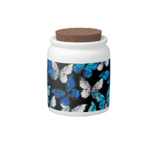 Dark Seamless Pattern with Blue Butterflies Morpho Candy Jar