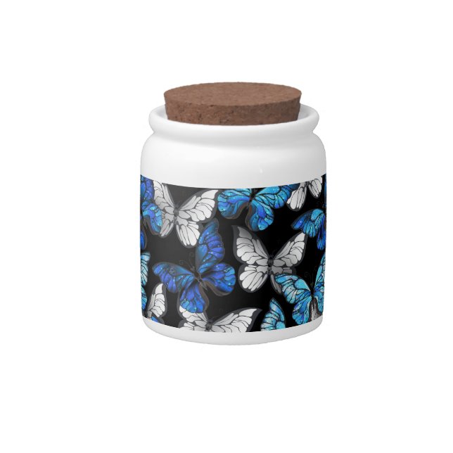 Dark Seamless Pattern with Blue Butterflies Morpho Candy Jar (Front)