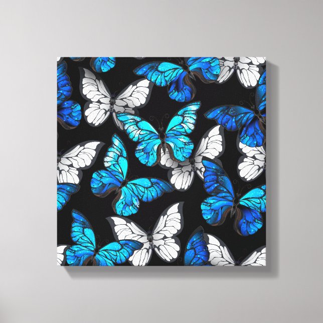 Dark Seamless Pattern with Blue Butterflies Morpho Canvas Print (Front)