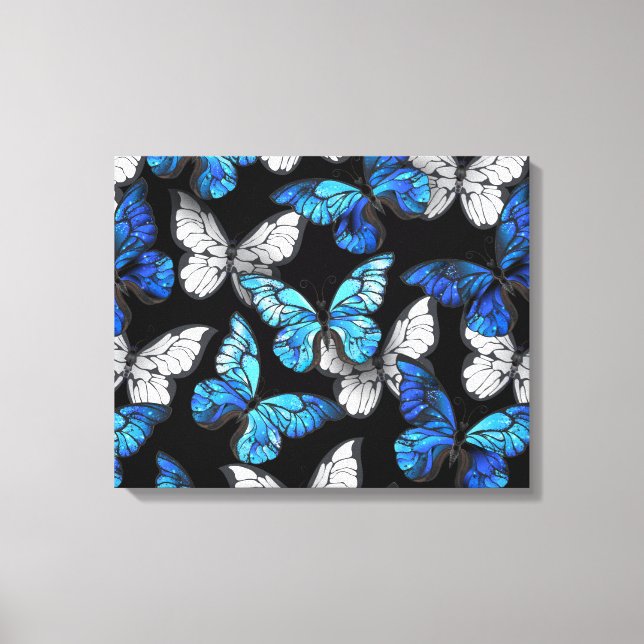 Dark Seamless Pattern with Blue Butterflies Morpho Canvas Print (Front)