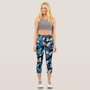 Dark Seamless Pattern with Blue Butterflies Morpho Capri Leggings