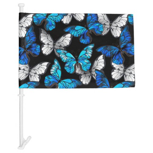 Dark Seamless Pattern with Blue Butterflies Morpho Car Flag