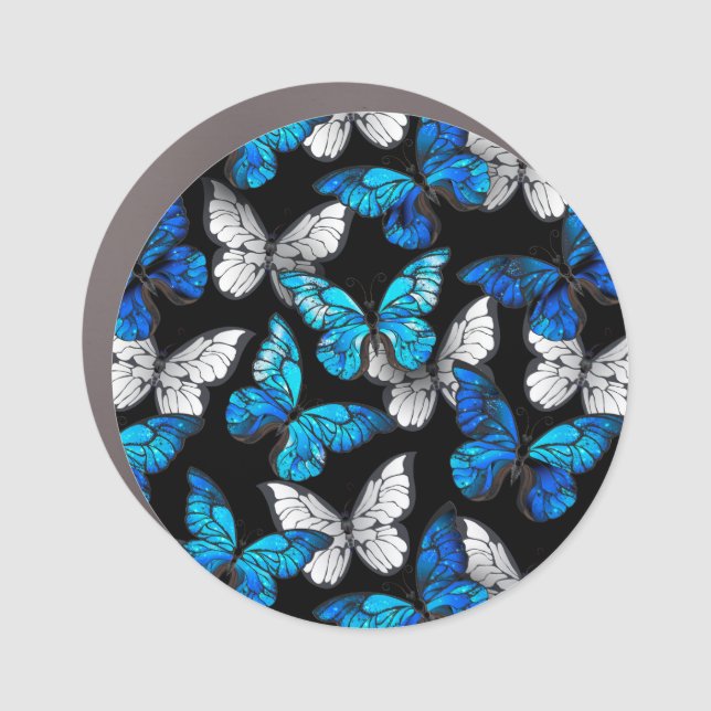 Dark Seamless Pattern with Blue Butterflies Morpho Car Magnet (Front)
