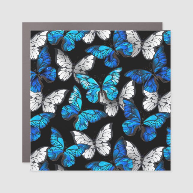 Dark Seamless Pattern with Blue Butterflies Morpho Car Magnet (Front)