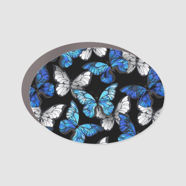 Dark Seamless Pattern with Blue Butterflies Morpho Car Magnet (Front)
