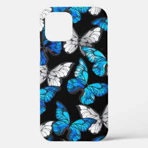 Dark Seamless Pattern with Blue Butterflies Morpho iPhone 12 Case