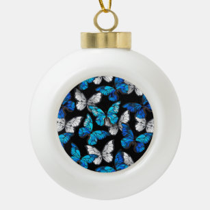 Dark Seamless Pattern with Blue Butterflies Morpho Ceramic Ball Christmas Ornament