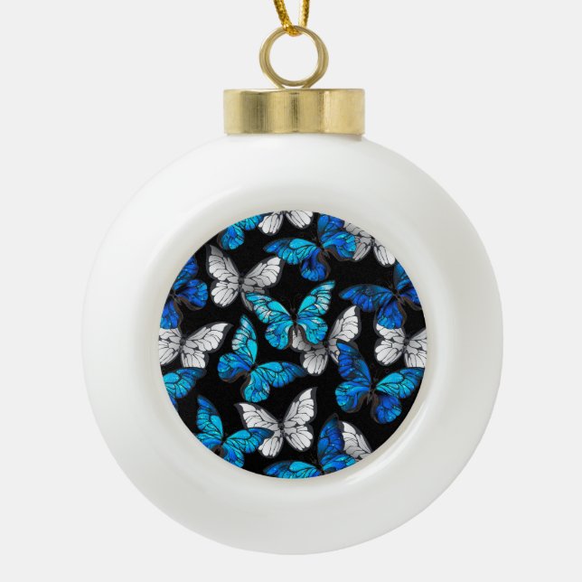 Dark Seamless Pattern with Blue Butterflies Morpho Ceramic Ball Christmas Ornament (Front)