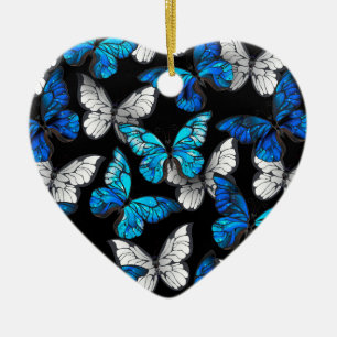 Dark Seamless Pattern with Blue Butterflies Morpho Ceramic Ornament