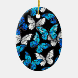 Dark Seamless Pattern with Blue Butterflies Morpho Ceramic Ornament