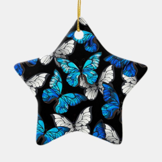 Dark Seamless Pattern with Blue Butterflies Morpho Ceramic Ornament (Front)