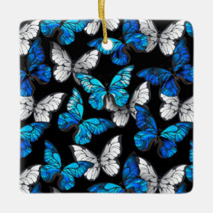 Dark Seamless Pattern with Blue Butterflies Morpho Ceramic Ornament