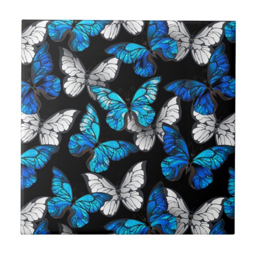 Dark Seamless Pattern with Blue Butterflies Morpho Ceramic Tile