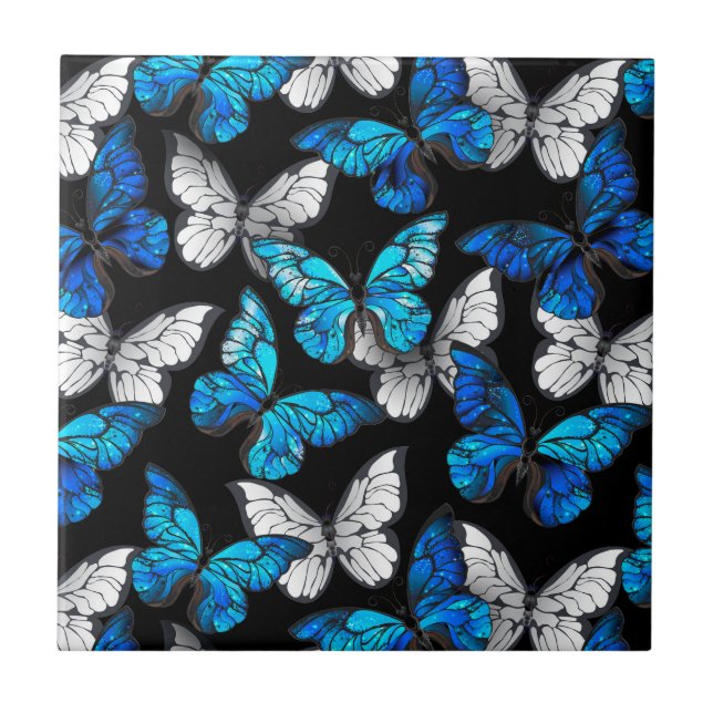 Dark Seamless Pattern with Blue Butterflies Morpho Ceramic Tile (Front)