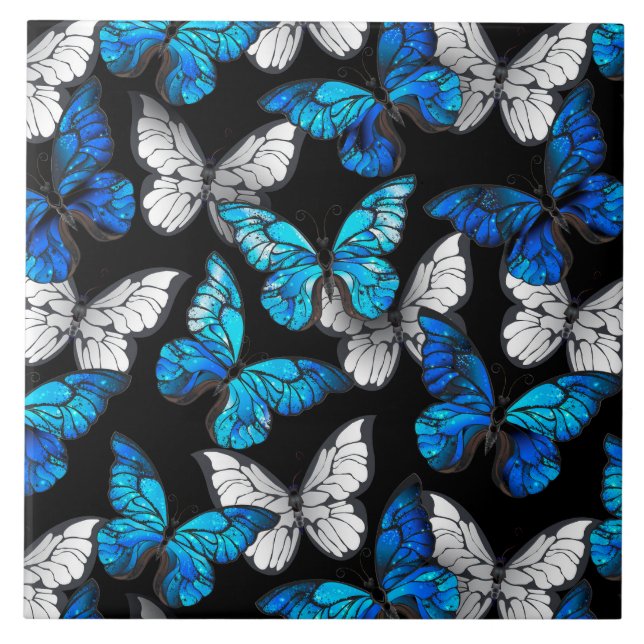 Dark Seamless Pattern with Blue Butterflies Morpho Ceramic Tile (Front)