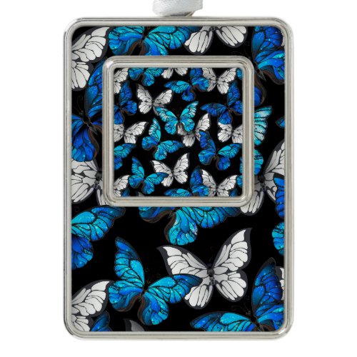 Dark Seamless Pattern with Blue Butterflies Morpho Christmas Ornament