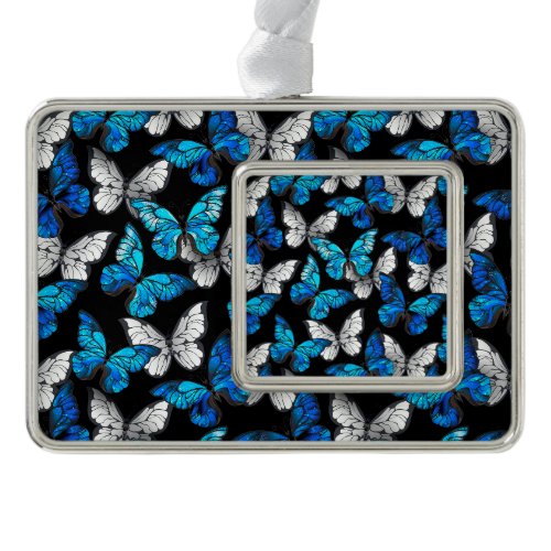 Dark Seamless Pattern with Blue Butterflies Morpho Christmas Ornament