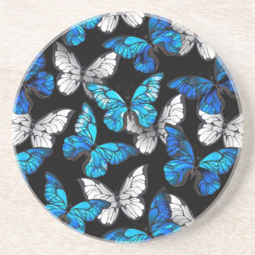 Dark Seamless Pattern with Blue Butterflies Morpho Coaster