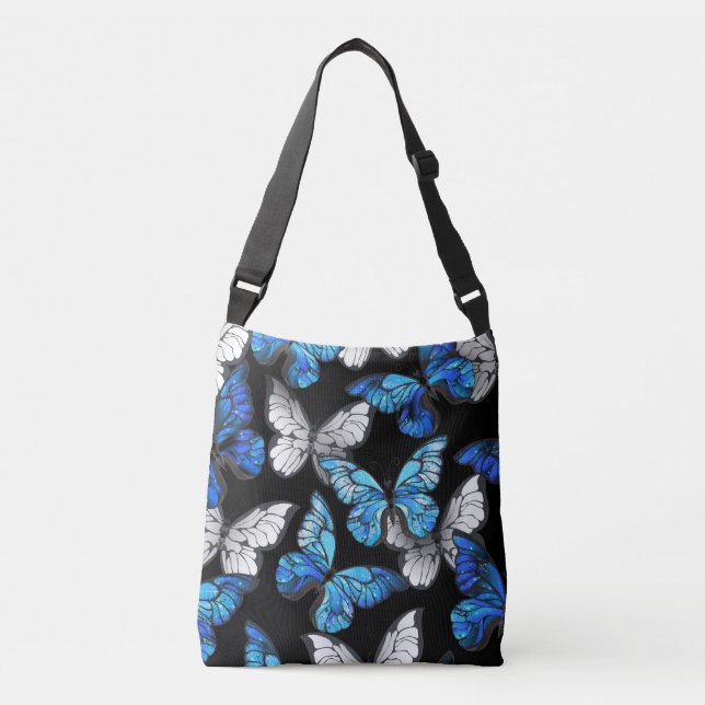 Dark Seamless Pattern with Blue Butterflies Morpho Crossbody Bag (Front)